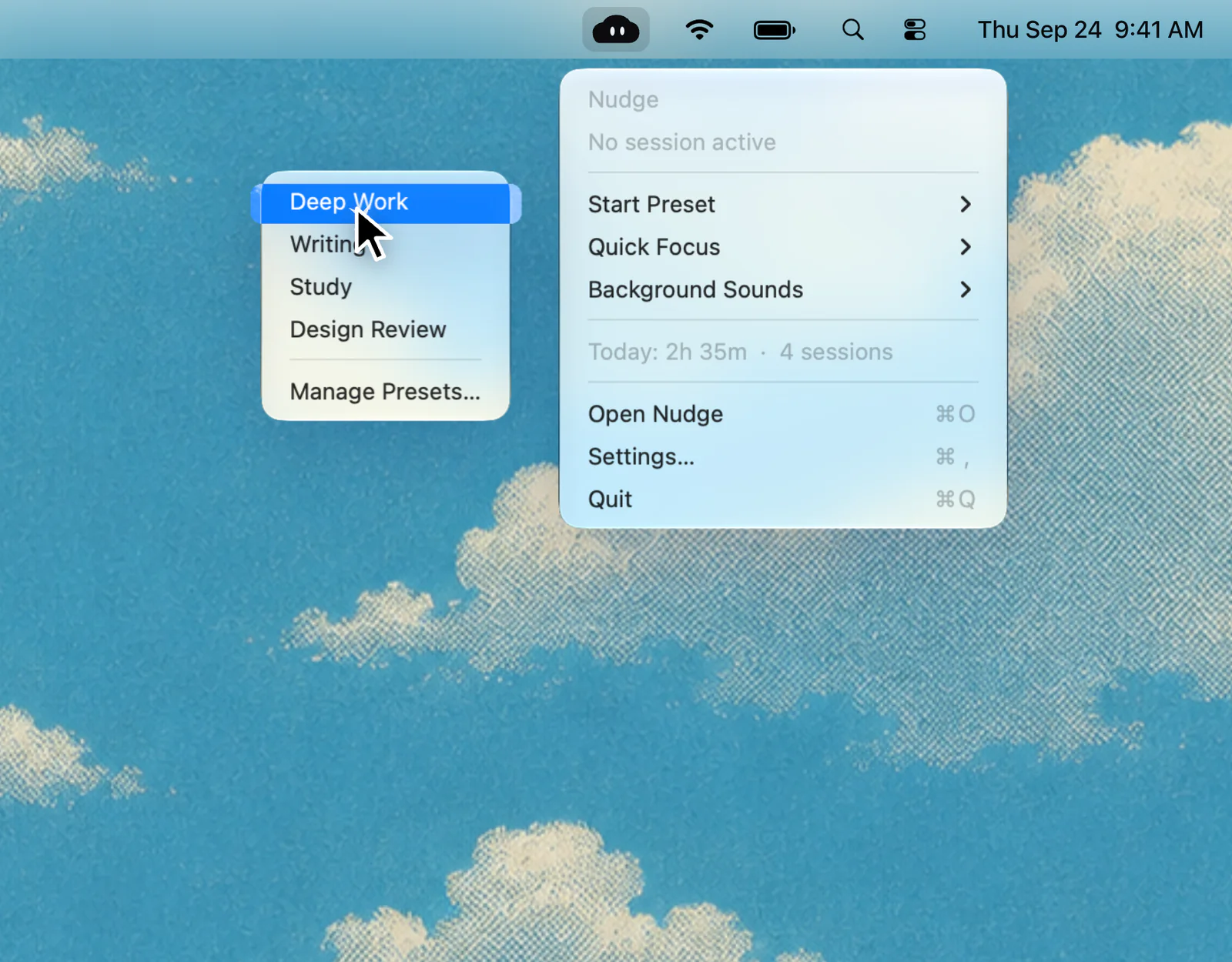 The Nudge menu in the macOS menu bar with Start Preset open and Deep Work under the pointer