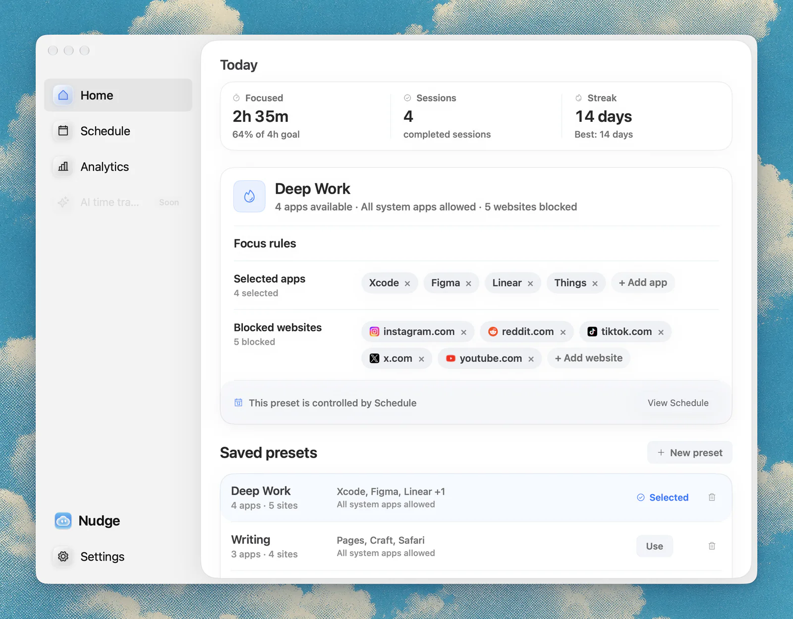 Nudge Home screen: the Deep Work preset keeps Xcode, Figma, Linear and Things available and blocks five websites
