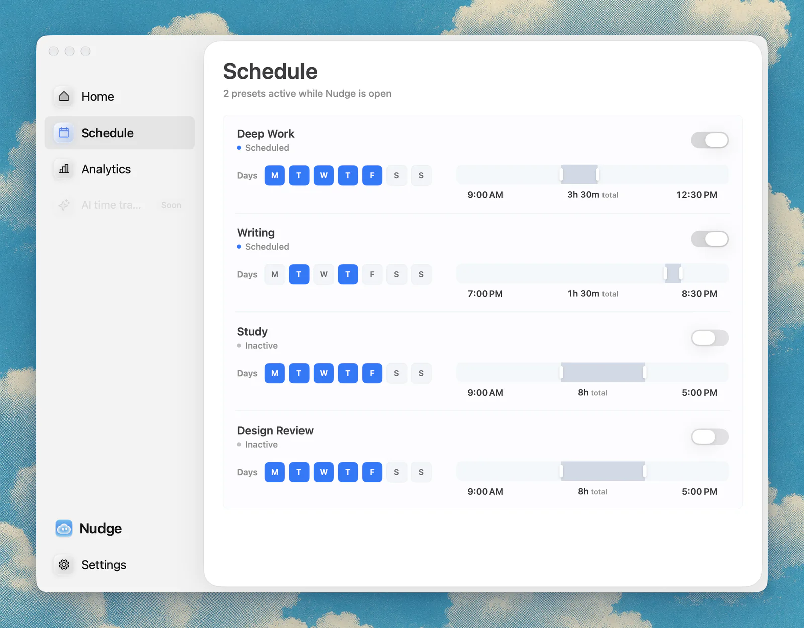 Nudge Schedule screen: Deep Work runs Monday to Friday from 9:00 AM to 12:30 PM, Writing on Tuesday and Thursday evenings